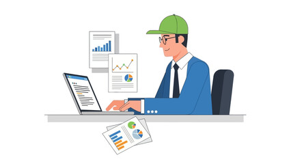 Businessman working on laptop. Man in suit and green hat. Office desk with papers and charts. Vector illustration of professional workspace. Business productivity scene. White background.