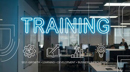Word ‘Training’ displayed on office glass window, symbolizing with self-growth, learning, development, and business improvement.