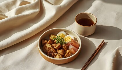 Zen Morning: Authentic Japanese Breakfast (Ichiju Sansai) of Grilled Salmon, Miso Soup, and Rice on a Natural Light Wood Table, Minimalist Aesthetics.