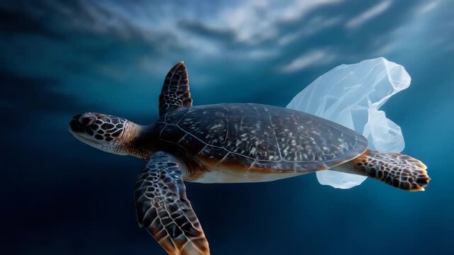 4k A sea turtle underwater attempting to eat a floating plastic bag, mistaking it for food. The clear blue ocean surrounds the turtle, with sunlight filtering through the surface