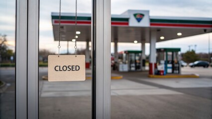Petroleum price small business concept. Gas station door displays a "Closed" sign, highlighting an empty fuel station setting.