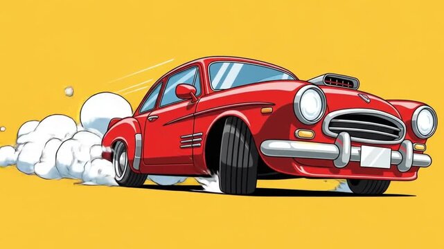 Vintage Red Sports Car Accelerating with Smoke.