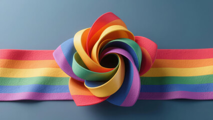 Abstract flower crafted from vibrantly colored rainbow fabric or ribbon sitting flat against a minimalist blue surface from a top view angle