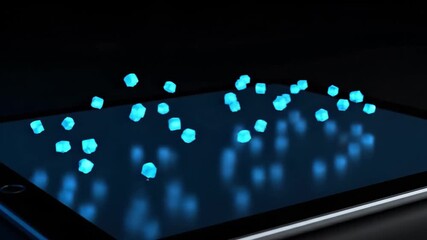 Cinematic 4K Slow Motion: Glowing blue digital data cubes aggregate and form a solid block structure on a dark tablet screen, symbolizing AI processing or blockchain. - Powered by Adobe