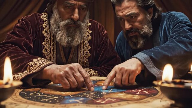 Holy bible video with two wise men pointing at a map. Holy bible video detailed with old parchment and candlelight for atmosphere. Using holy bible video in educational content