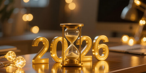 Sand timer surrounded by sparkling golden numerals 2026 set on a reflective wooden surface with glowing string lights and warm bokeh background