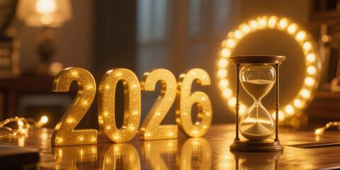 Close up shot of a sand timer beside light up glittering numerals 2026 set on a reflective table with a warm, circular bokeh light behind it