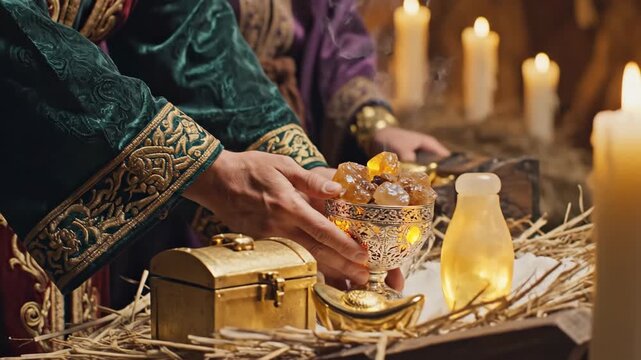 Holding holy bible video elements with crystal bowl filled with glowing jewels. Holy bible video props with gold box and hands reaching, illuminated by candles and festive lights.
