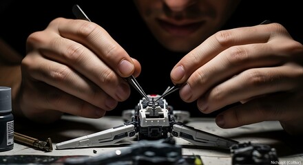 Close-up of hands meticulously assembling a detailed model kit with precision tools