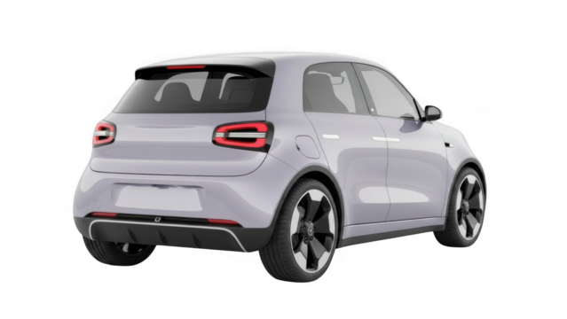 Rear threequarter view of a modern light gray hatchback car isolated on transparent background