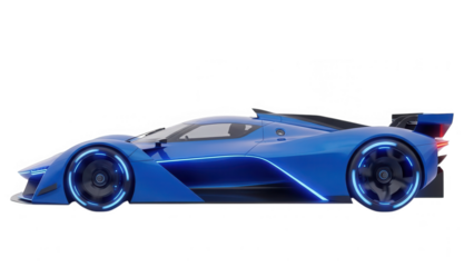 Sleek blue futuristic concept sports car isolated on transparent background