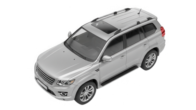 Silver suv with roof rack and sunroof isolated on transparent background