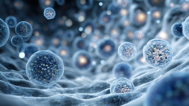 Medical illustration showing the biochemical process of thyroid hormone production (T3, T4) inside gland follicles, microscopic perspective, glowing molecular elements,