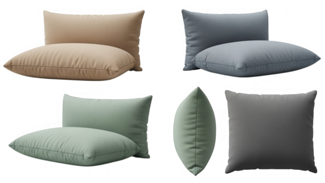 Collection of four sets of rectangular and square throw pillow cushions isolated on transparent background