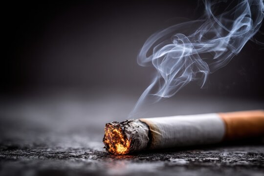 A cigarette is lit and smoking, with the smoke billowing out of the end