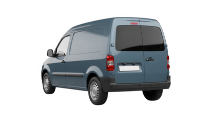 Rear view of a blue commercial panel van isolated on transparent background