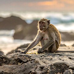 Obraz premium A close-up shot of a primate resting on rugged coastal rocks. The ocean waves crash in the background as the sun sets