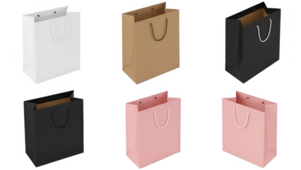 Collection of six paper shopping bags in white, brown, black, and pink isolated on transparent background