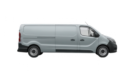 Long wheelbase light commercial panel van in light gray isolated on transparent background