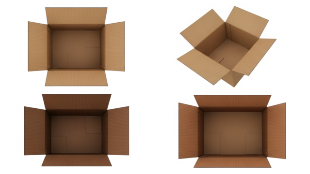 Four open brown cardboard shipping boxes isolated on transparent background