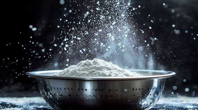Flour sifting in bowl baking ingredient preparation