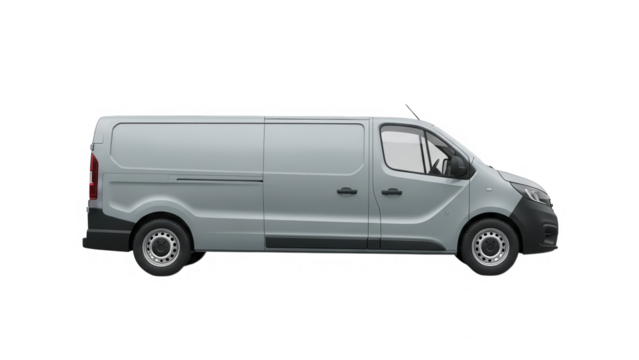 Long wheelbase light commercial panel van in light gray isolated on transparent background