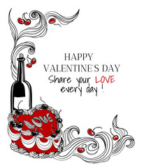 Vector decorative romantic frame. Exquisite heart-shaped cherry cake and bottle of wine. Valentine's Day card template