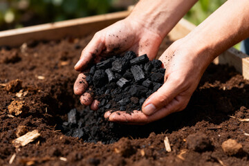 Gardener adding biochar to enrich garden soil for healthy growth in sunny outdoor sustainable agriculture