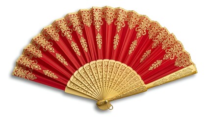 Elegant ornate red and gold fan with intricate cutout patterns, a symbol of grace and beauty