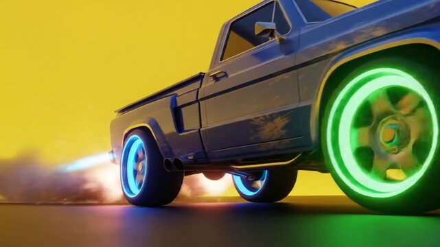 Customized Pickup Truck with Neon Wheels and Exhaust Flames.