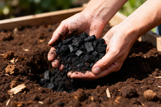 Gardener adding biochar to enrich garden soil for healthy growth in sunny outdoor sustainable agriculture