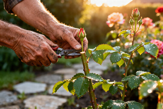 Skilled hands carefully pruning rose bush at golden hour for a vibrant and healthy garden display