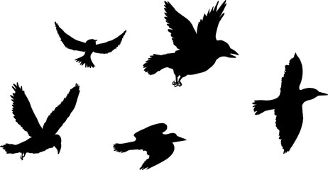 Flying flock of birds silhouette, Simple swallows in flight, crows in the sky. Group of birds border. Vector illustration