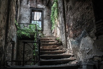 Fototapeta premium Crumbling urban ruin: peeling plaster, broken windows and rusted stairs in an abandoned building