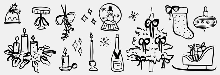 Winter vintage whimsical christmas tree doodle sketch vector illustration. Holiday line art simple party decoration for new year. Minimalist snowflake outline set