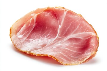 Cured ham slice on a clean white surface, minimal photography presentation