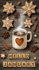 Fototapeta premium Warm winter composition with coffee and gingerbread perfect for winter holidays