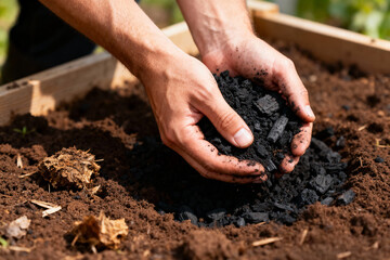 Boost your garden soil with nutrient rich biochar held in hands ready to be added to soil bed