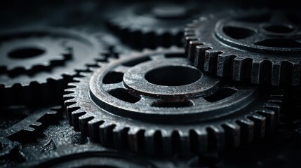 Dark gears background with layered metallic cogs in moody lighting