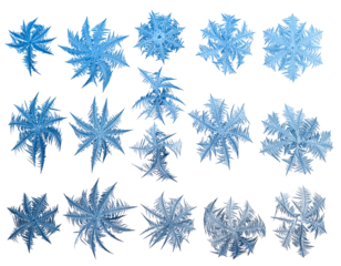 Overhead shot reveals intricate icy formations against a stark black backdrop. Varying designs display geometric symmetry