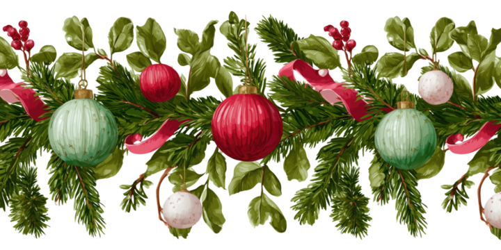 Festive Christmas Garland With Ornaments, Greenery, Ribbons, And Evergreen Sprigs For Holiday Decor