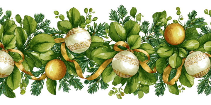 Festive Christmas Garland With Ornaments, Greenery, Ribbons, And Evergreen Sprigs For Holiday Decor