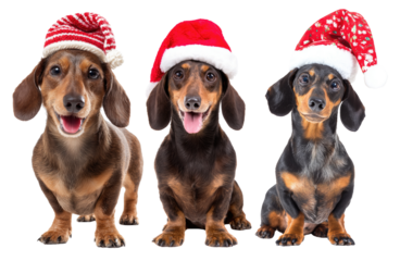 Three Happy Dachshunds in Christmas Hats Ready for Holiday Cheer and Festive Photoshoot