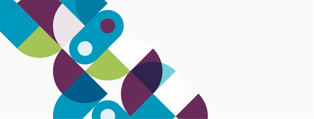 Abstract shapes, vibrant colors, overlapping forms create dynamic composition. White space balances design, suggesting growth, connection.