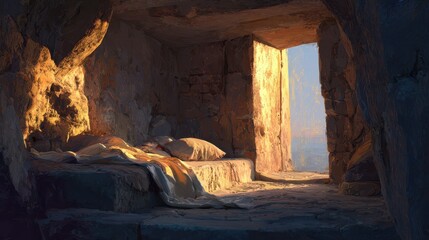 Dawn light over an empty tomb: a sacred scene of resurrection and hope