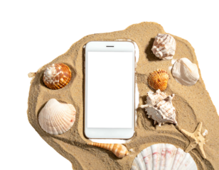 Overhead shot showing a smartphone with a blank white screen centered in sand. Seashells surround it with a starfish