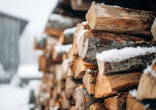 A pile of wood covered in snow