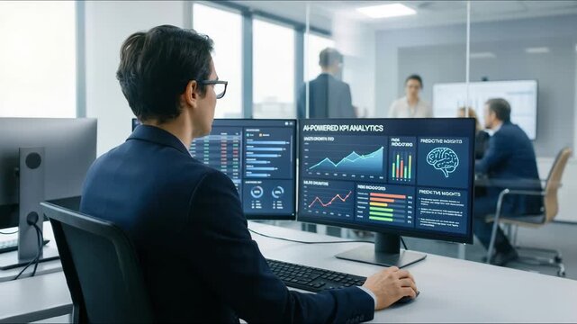 Business professional using KPI dashboard with AI-powered performance analytics, sales growth data, and risk indicators to drive financial strategy and operational optimization in corporate setting