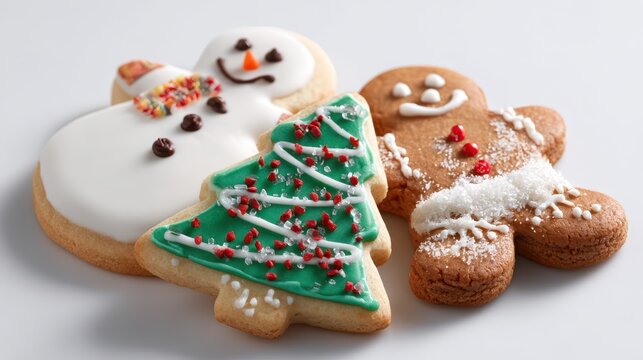 Decorated holiday cookies collection for party decoration: snowman, Xmas tree, and gingerbread shapes on white surface