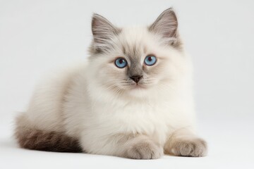 Fototapeta premium Delicate kitten portrait: ragdoll breed with plush fur against seamless white backdrop